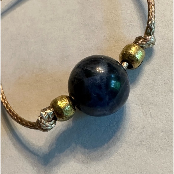 ARTISAN Sodalite and Brass Bead Knotted Golden Tan Cord Adjustable 26” Necklace - Picture 7 of 8